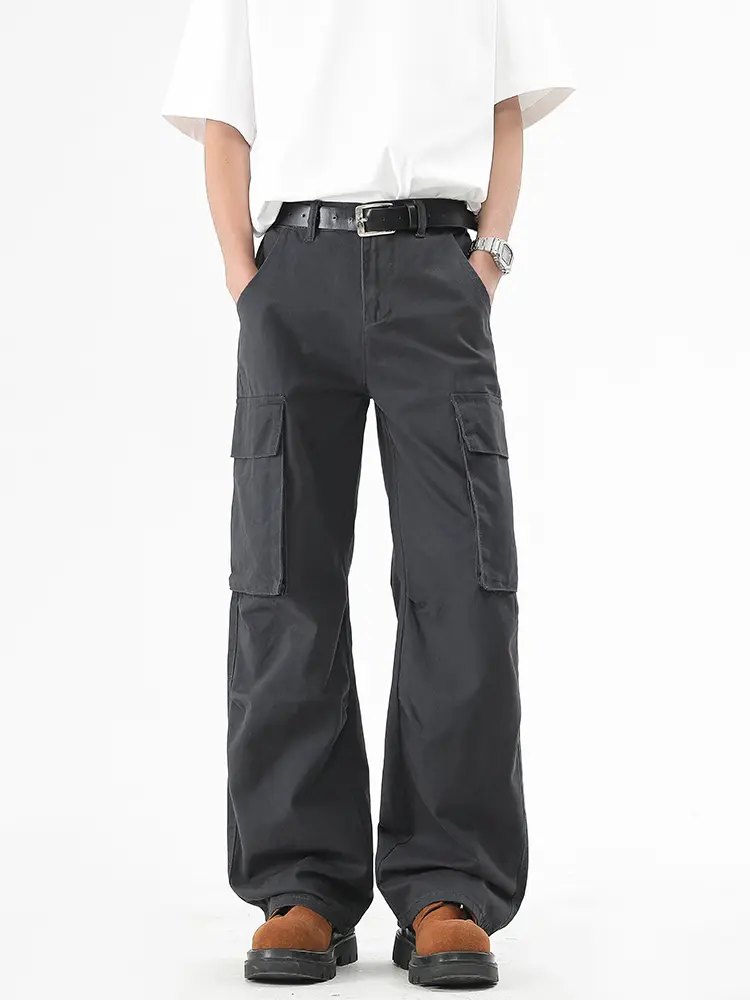 Men's Cargo Pants Spring Summer Korean Fashion 100% Cotton Baggy Style Wide Leg Casual Pants Loose Fit Straight Trousers