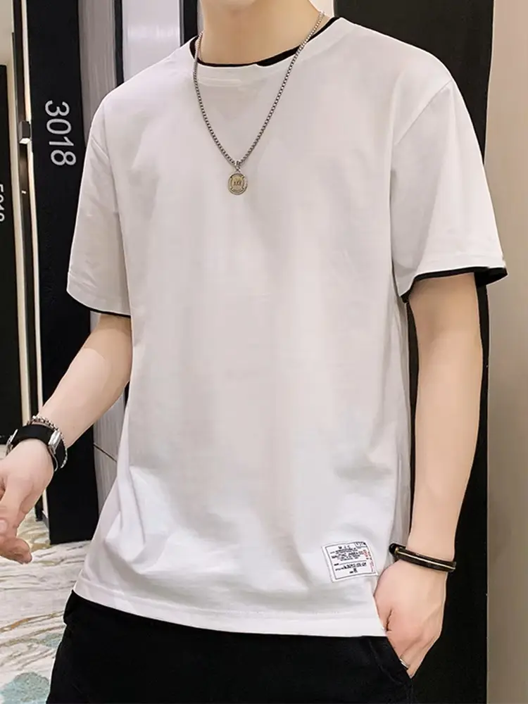 Summer T-shirts Men Letter Patched Contrast Trim 2 In 1 Cotton Tee Short Sleeve Solid Basic Tops Slim Casual Tshirts