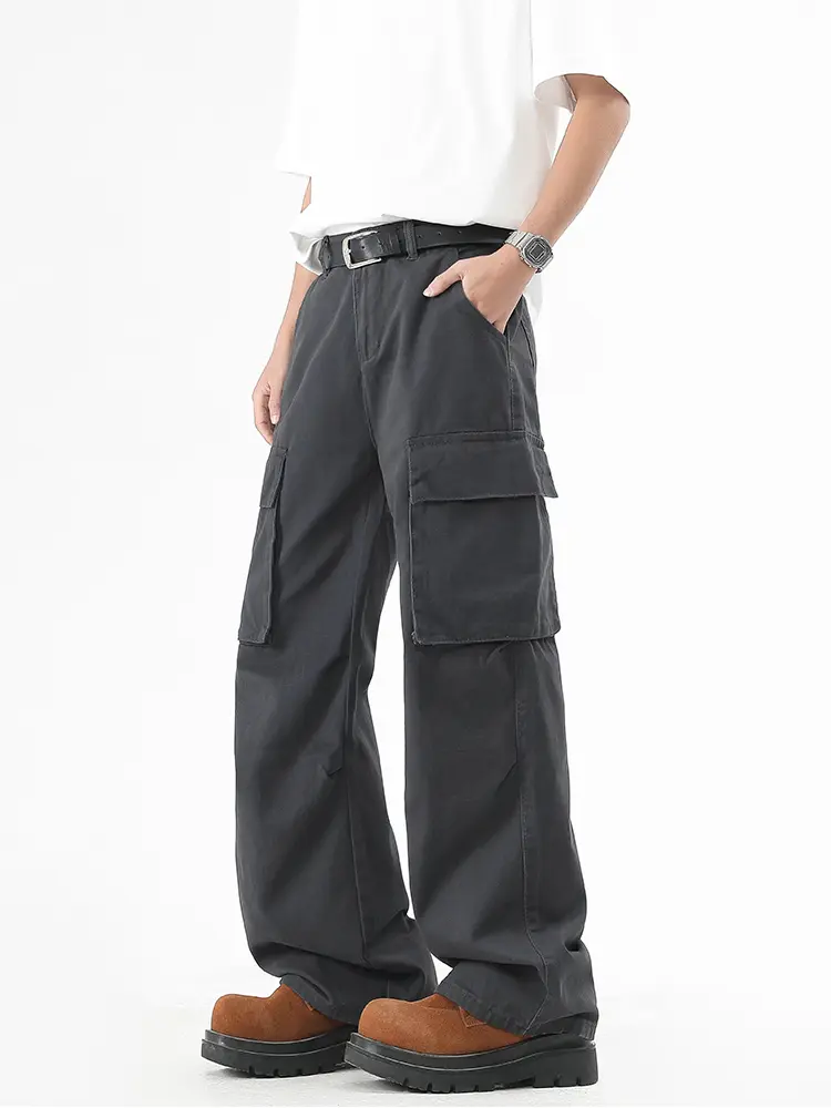 Men's Cargo Pants Spring Summer Korean Fashion 100% Cotton Baggy Style Wide Leg Casual Pants Loose Fit Straight Trousers