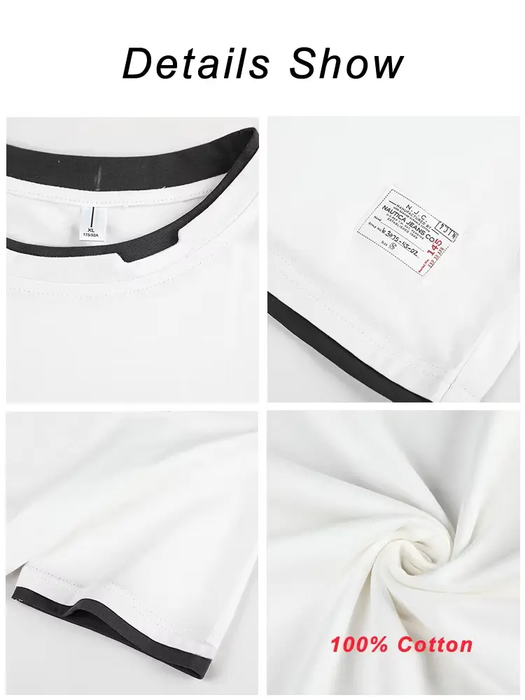 Summer T-shirts Men Letter Patched Contrast Trim 2 In 1 Cotton Tee Short Sleeve Solid Basic Tops Slim Casual Tshirts