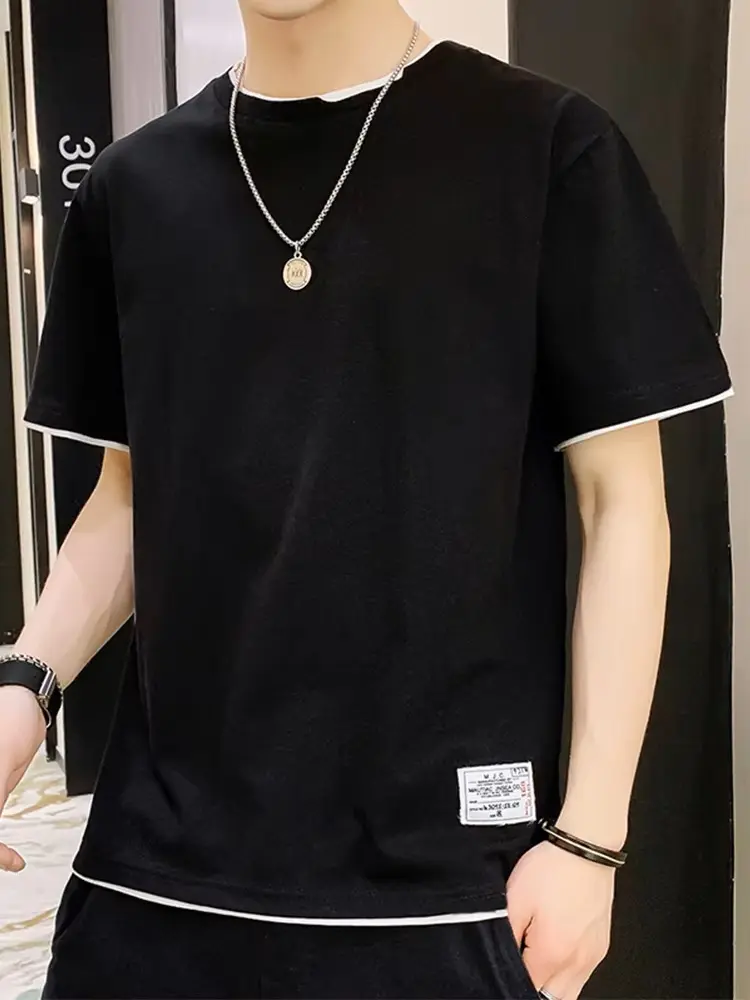 Summer T-shirts Men Letter Patched Contrast Trim 2 In 1 Cotton Tee Short Sleeve Solid Basic Tops Slim Casual Tshirts