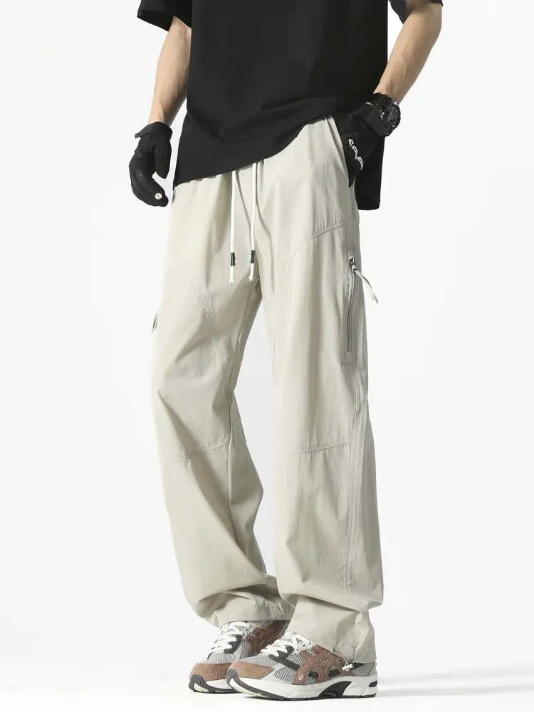 Summer Men's Casual Pants Korean Fashion Outdoor Zip Pockets Wide Leg Straight Trousers Male Loose Fit Lightweight Sweatpants