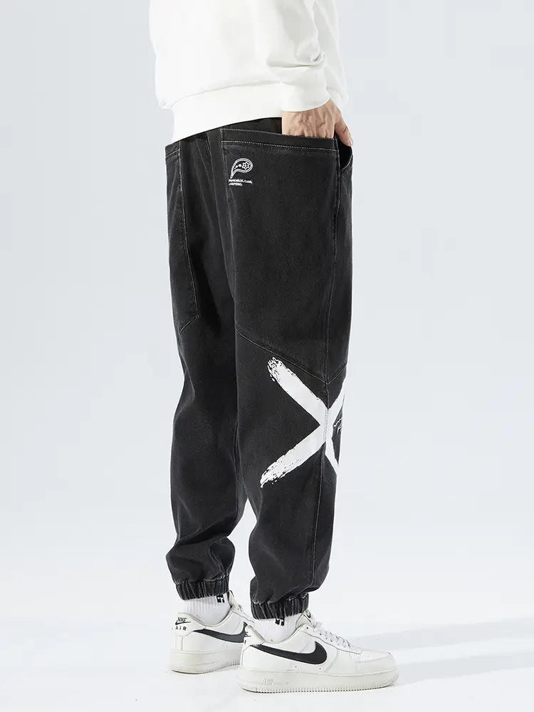2025 Autumn New Men's Baggy Jeans Hip Hop Streetwear Loose Fit Stretch Denim Pants Printed Jogger Jeans