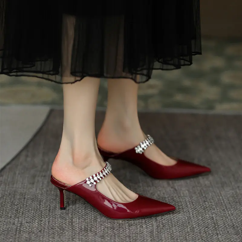 luxury women's shoes Women's Sandals Summer 2024 New Leather Women's Slippers shoesHigh Heels Pointed Toe Diamond Party Ladies