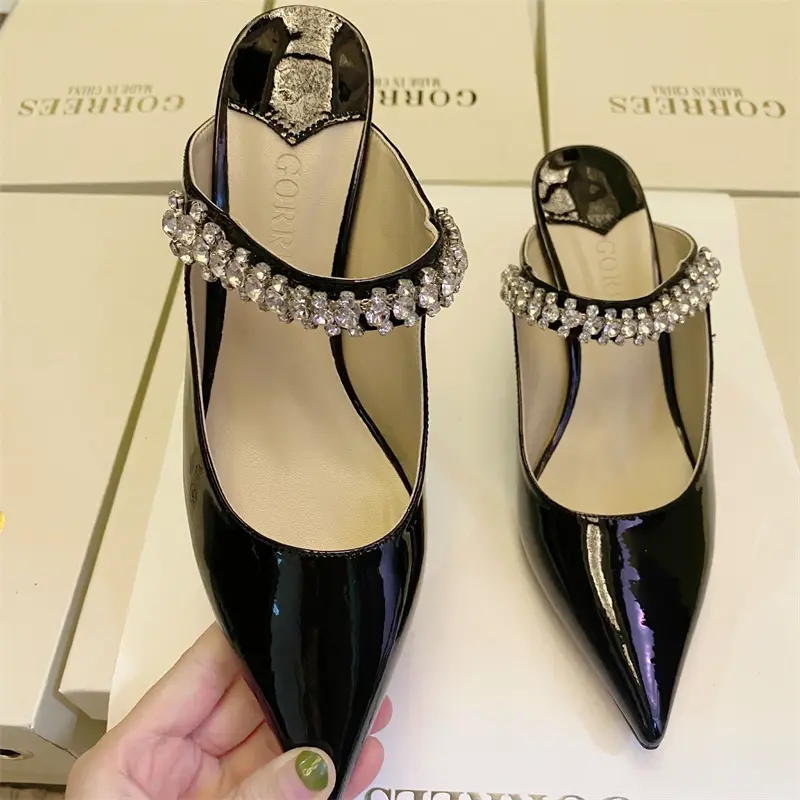 luxury women's shoes Women's Sandals Summer 2024 New Leather Women's Slippers shoesHigh Heels Pointed Toe Diamond Party Ladies