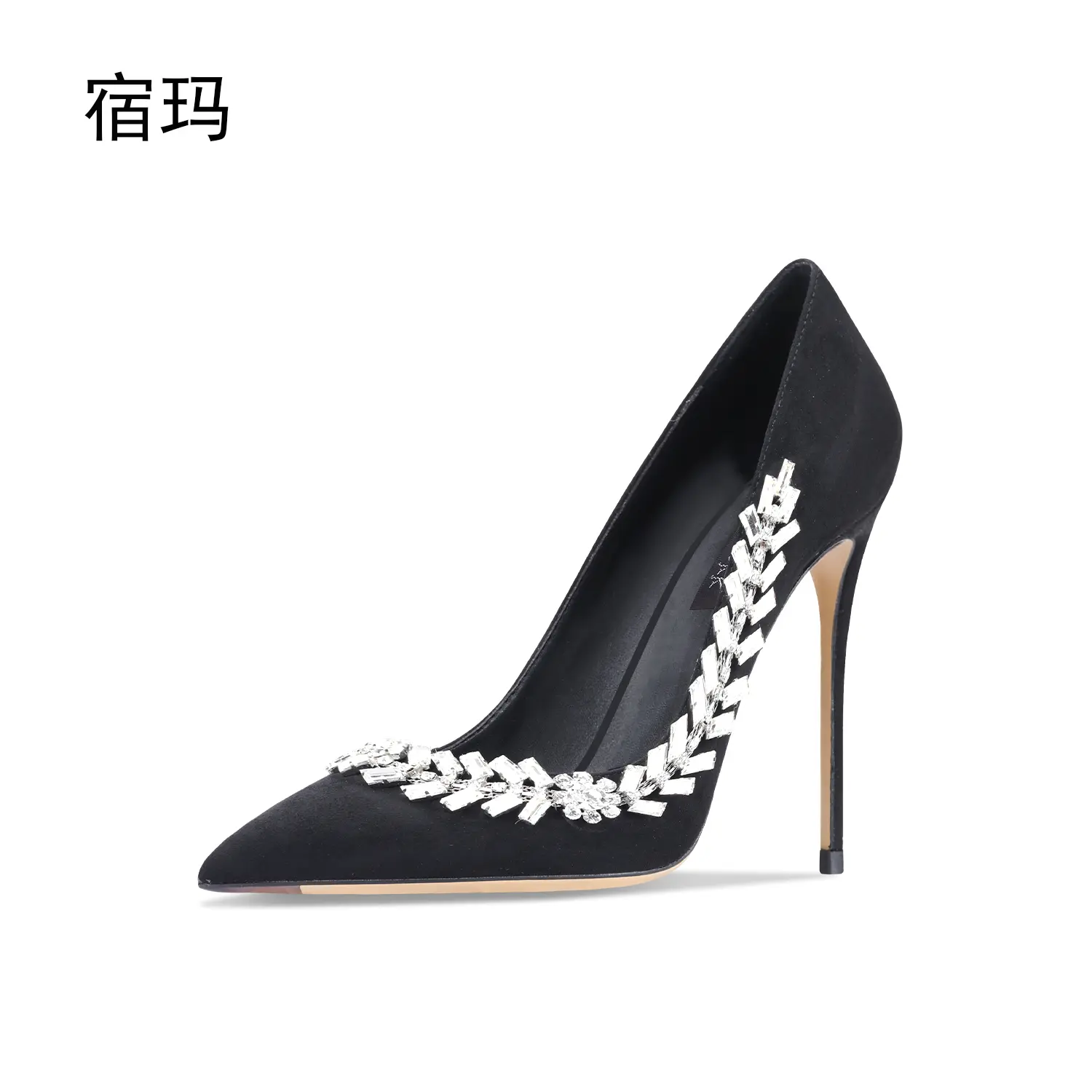 luxury women's shoes 2024 New Suede Black Crystal Women Pumps Pointed Toe Rhinestone High Heels Fashion Stiletto Luxury Party Wo