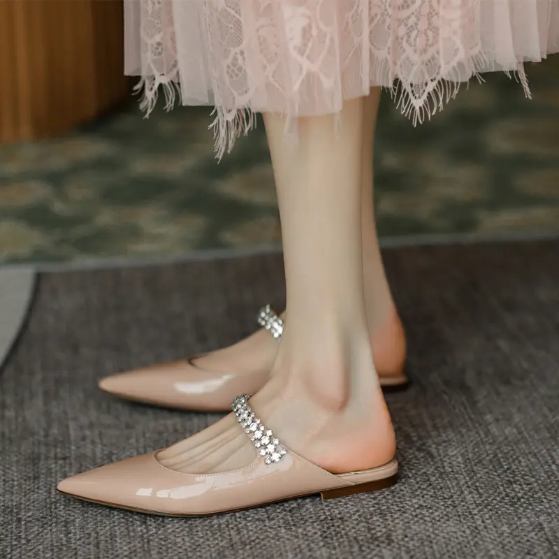 luxury women's shoes 2024 New Luxury Brand Women's Sandals Leather Pointed Toe Diamon Casual Outdoor Crystal Female Slip-On Soli