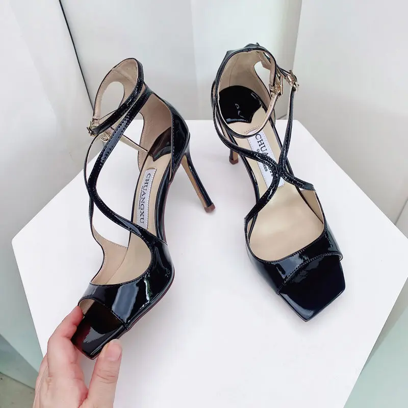 luxury Sequined women Gladiator Sandals Summer Designer shoes For Women 2025 Square Head Hollow High Heels Fashion Ladies Shoes