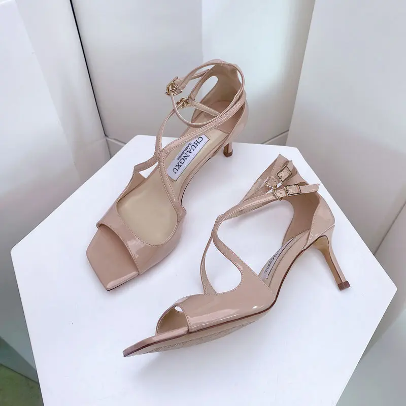 luxury Sequined women Gladiator Sandals Summer Designer shoes For Women 2025 Square Head Hollow High Heels Fashion Ladies Shoes