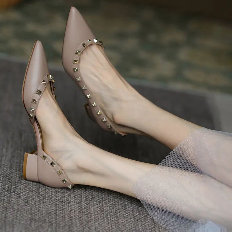 Woman shoes High Heels luxury Brand women's shoes Designer Rivets Pumps 2025 Comfortable Chunky Heel 3cm Elegant Ladies shoes