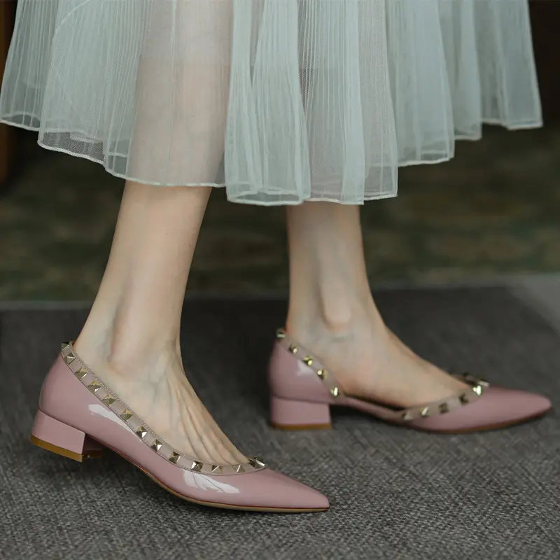 Woman shoes High Heels luxury Brand women's shoes Designer Rivets Pumps 2025 Comfortable Chunky Heel 3cm Elegant Ladies shoes