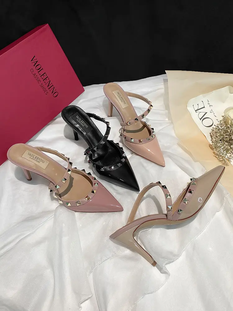 heeled sandals Summer luxury Brand Rivets Slingbacks Slippers Fashion Pointed Toe Leather Stiletto Heels Prom Party Shoes Women