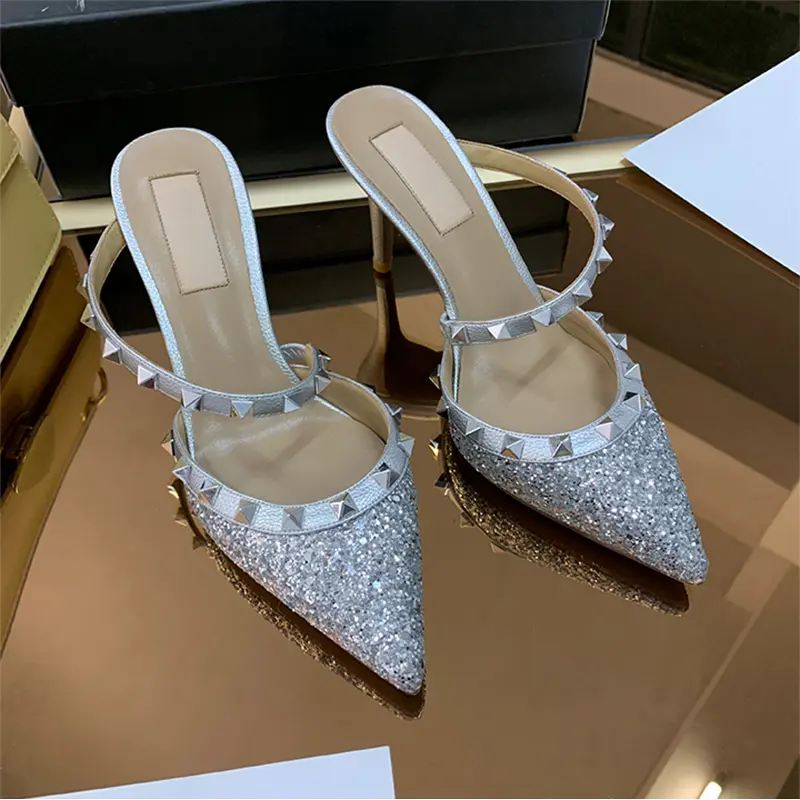 heeled sandals Summer luxury Brand Rivets Slingbacks Slippers Fashion Pointed Toe Leather Stiletto Heels Prom Party Shoes Women