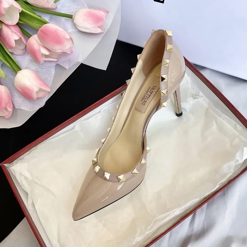 luxury Brand women's shoes Woman Sandals Summer Rivets High Heels Side empty Female Leather Fashion Prom Ladies shoes Women