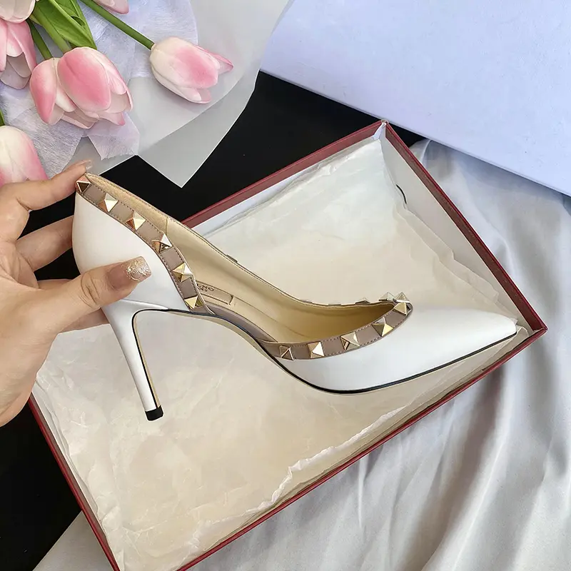 luxury Brand women's shoes Woman Sandals Summer Rivets High Heels Side empty Female Leather Fashion Prom Ladies shoes Women