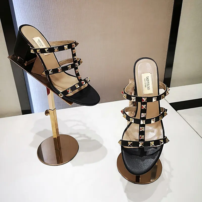 Luxury Brand Women's Gladiator Sandals Summer With Heels Leather Rivets fashion Slippers Designer Square Heel shoes Women