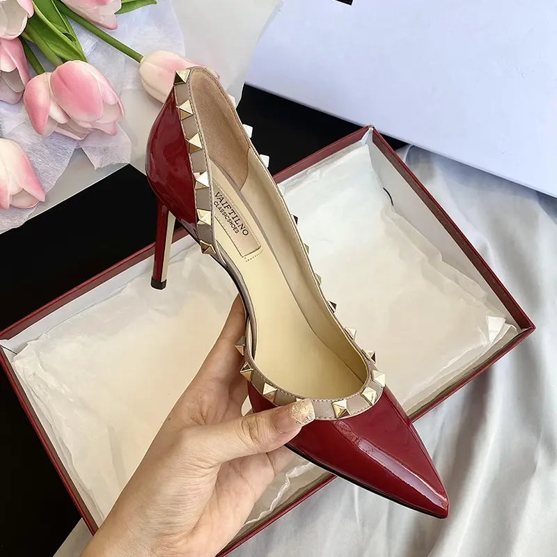 luxury Brand women's shoes Woman Sandals Summer Rivets High Heels Side empty Female Leather Fashion Prom Ladies shoes Women