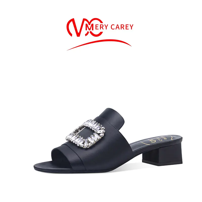 rhinestone Heeled sandals women's sandals summer 2024 trend luxury Square heel Heeled Slippers High Heels shoes Silk and satin