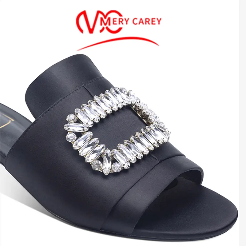 rhinestone Heeled sandals women's sandals summer 2024 trend luxury Square heel Heeled Slippers High Heels shoes Silk and satin