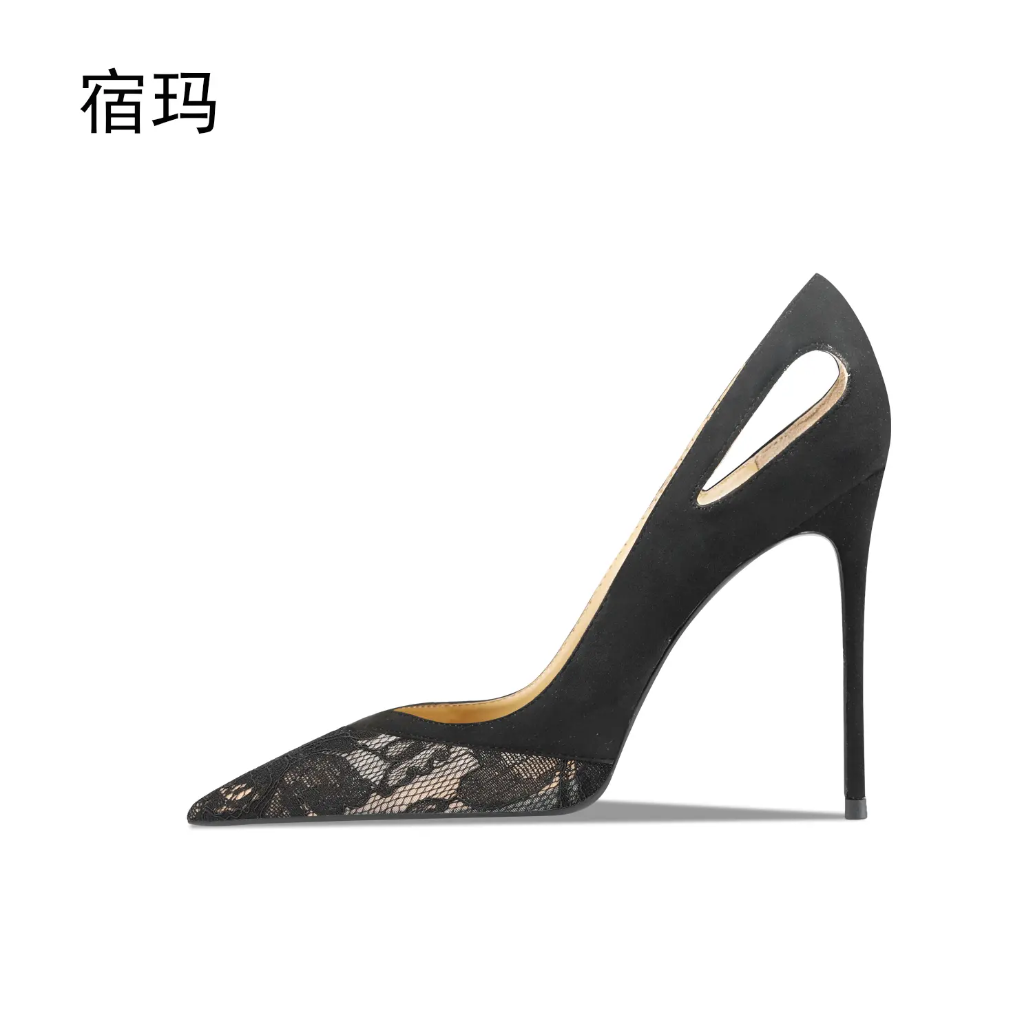 luxury women's shoes Lace Splice Black Shoes for Women High Heels Shoes 2024 Luxury Pointed toe Pumps Thin heel Shallow Prom Par