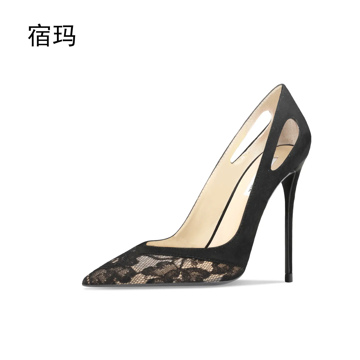 luxury women's shoes Lace Splice Black Shoes for Women High Heels Shoes 2024 Luxury Pointed toe Pumps Thin heel Shallow Prom Par