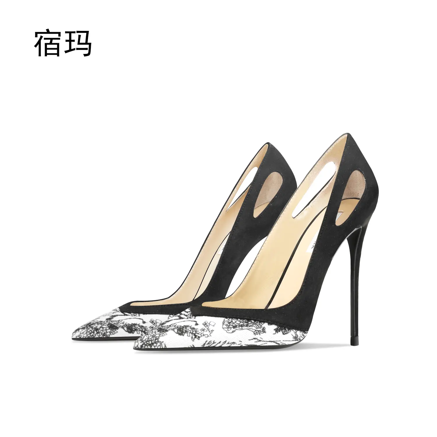 luxury women's shoes Lace Splice Black Shoes for Women High Heels Shoes 2024 Luxury Pointed toe Pumps Thin heel Shallow Prom Par