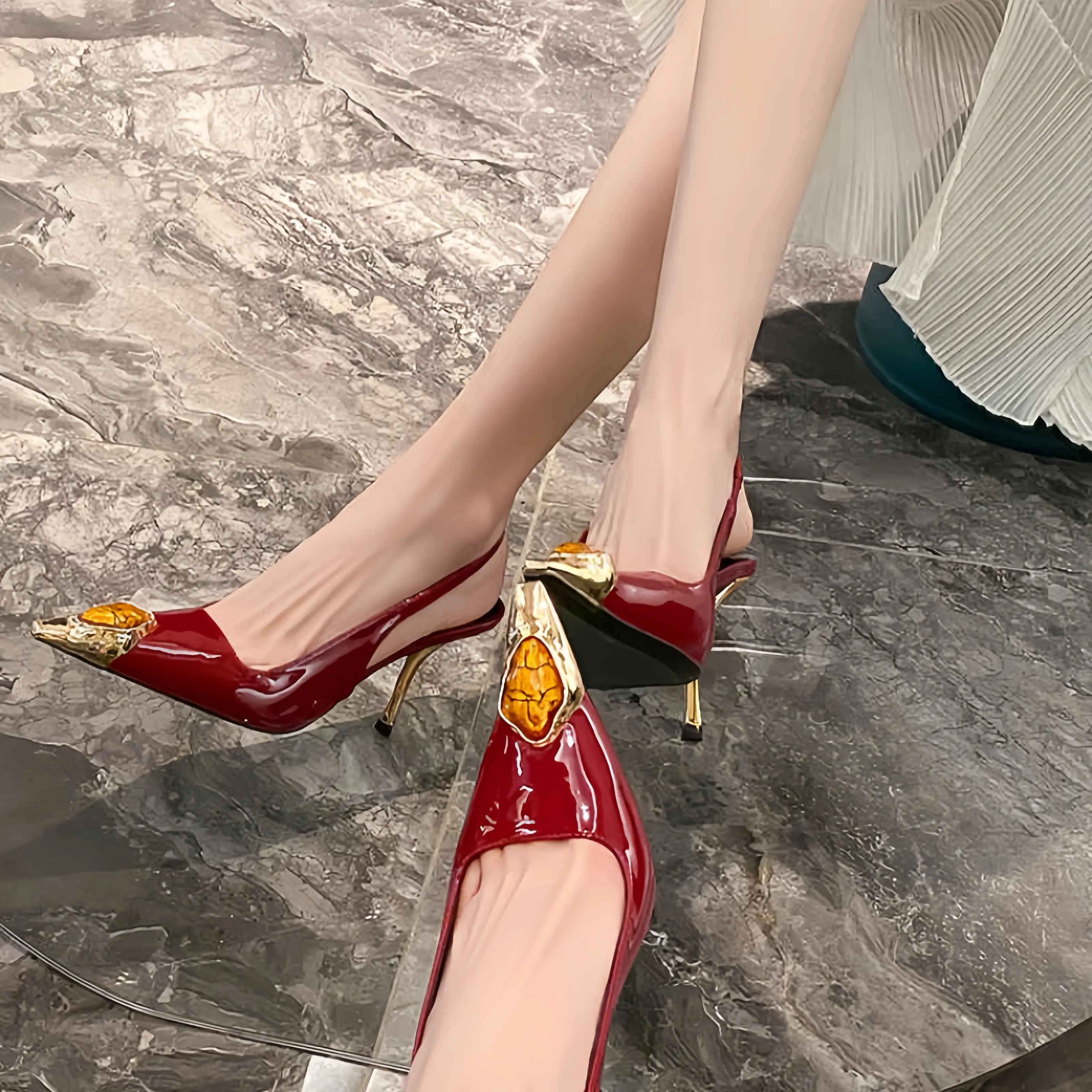 Women heels 2025 New Star Style Pointed toe Slingbacks elegant Women's High Heels Luxury Brand Pumps Rhinestones Party Prom Shoe