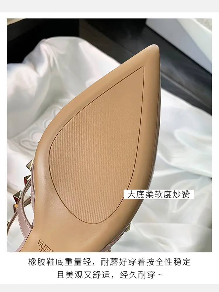 luxury women's shoes 2024 New Luxury Woman Summer Sandals Leather Pointed Thick heel Slippers Rivets Sexy Pointed Toe Dress Casu