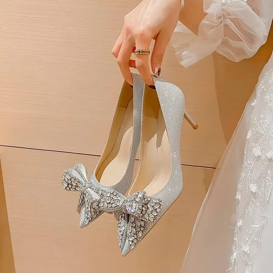 Women shoes 2025 New Silver Shiny Butterfly-knot Cinderella Rhinestone High Heels Shoes Women Pumps Pointed toe Prom Shoes