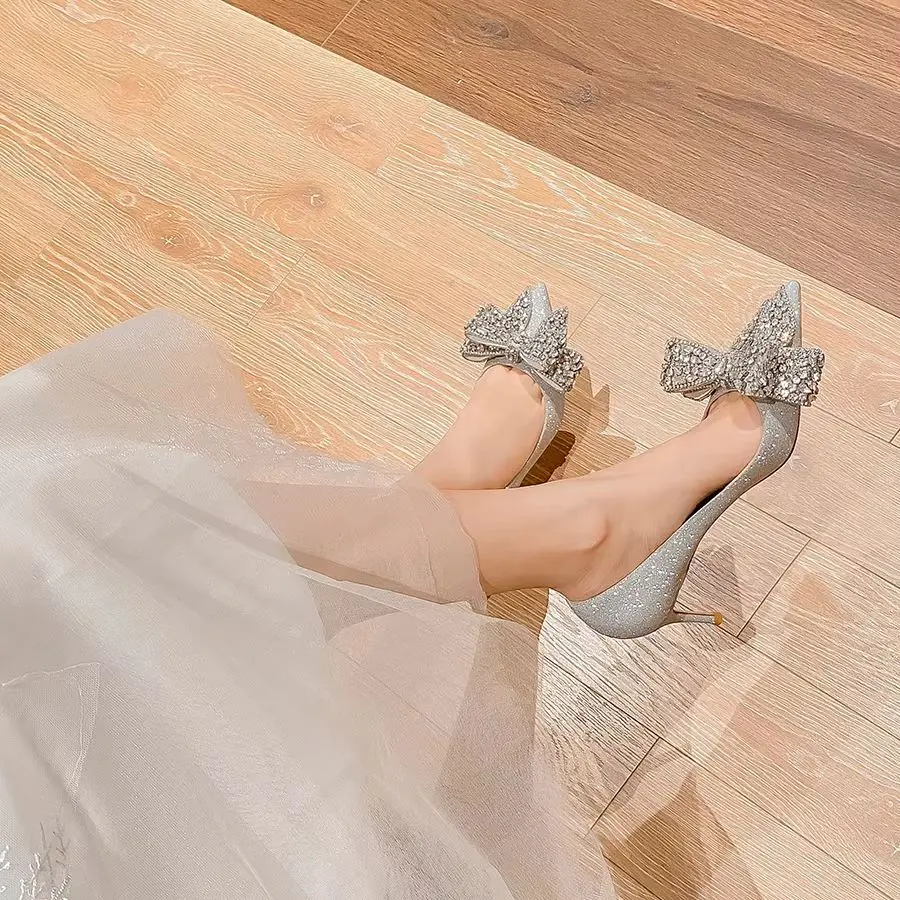Women shoes 2025 New Silver Shiny Butterfly-knot Cinderella Rhinestone High Heels Shoes Women Pumps Pointed toe Prom Shoes