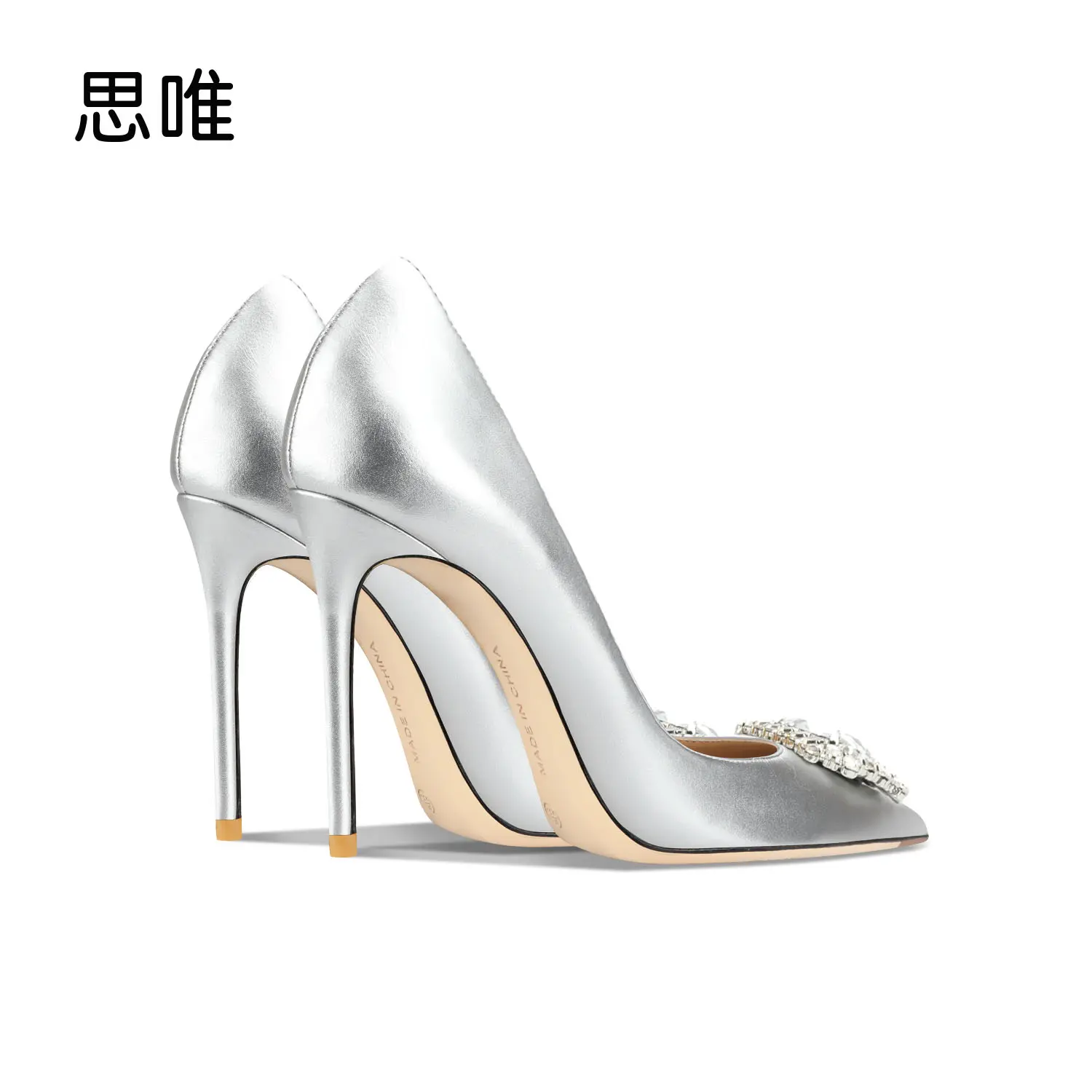 Woman shoes luxury women's shoes Women Heels Silvery Pumps Leather Rhinestone Crystal High Heels Pointed Toe Stiletto Party Shoe