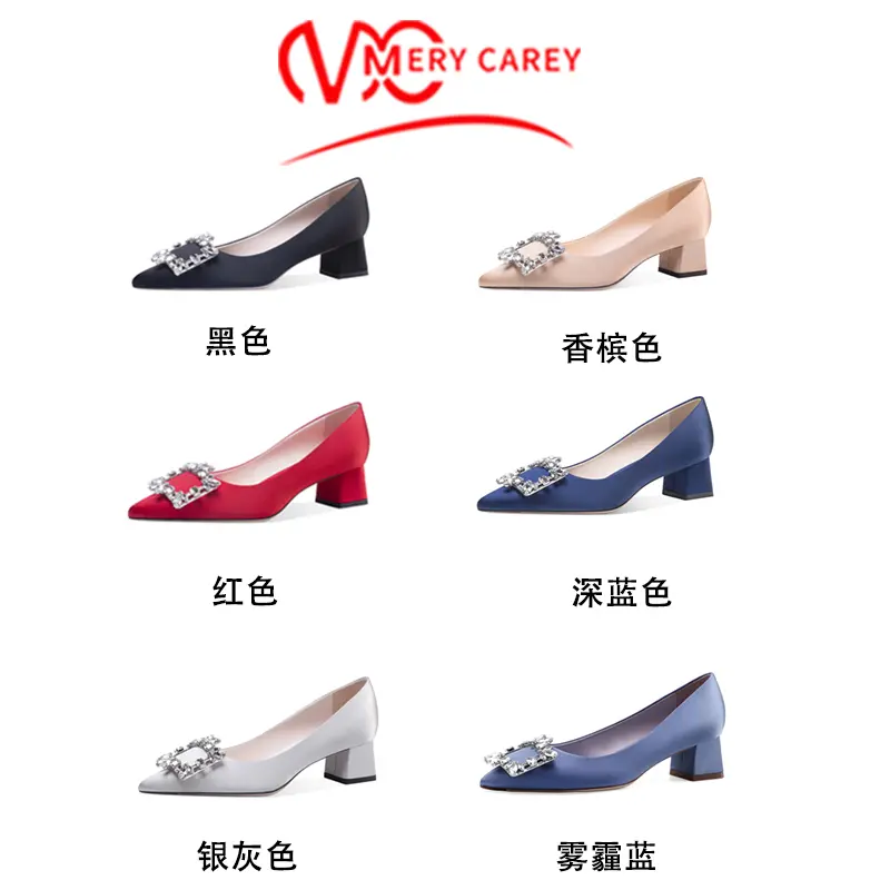 brand rhinestone Silk Women's Shoes luxury woman shoes Square heel High Heels shoes Designer Brand Pumps Pointed toe Comfortable