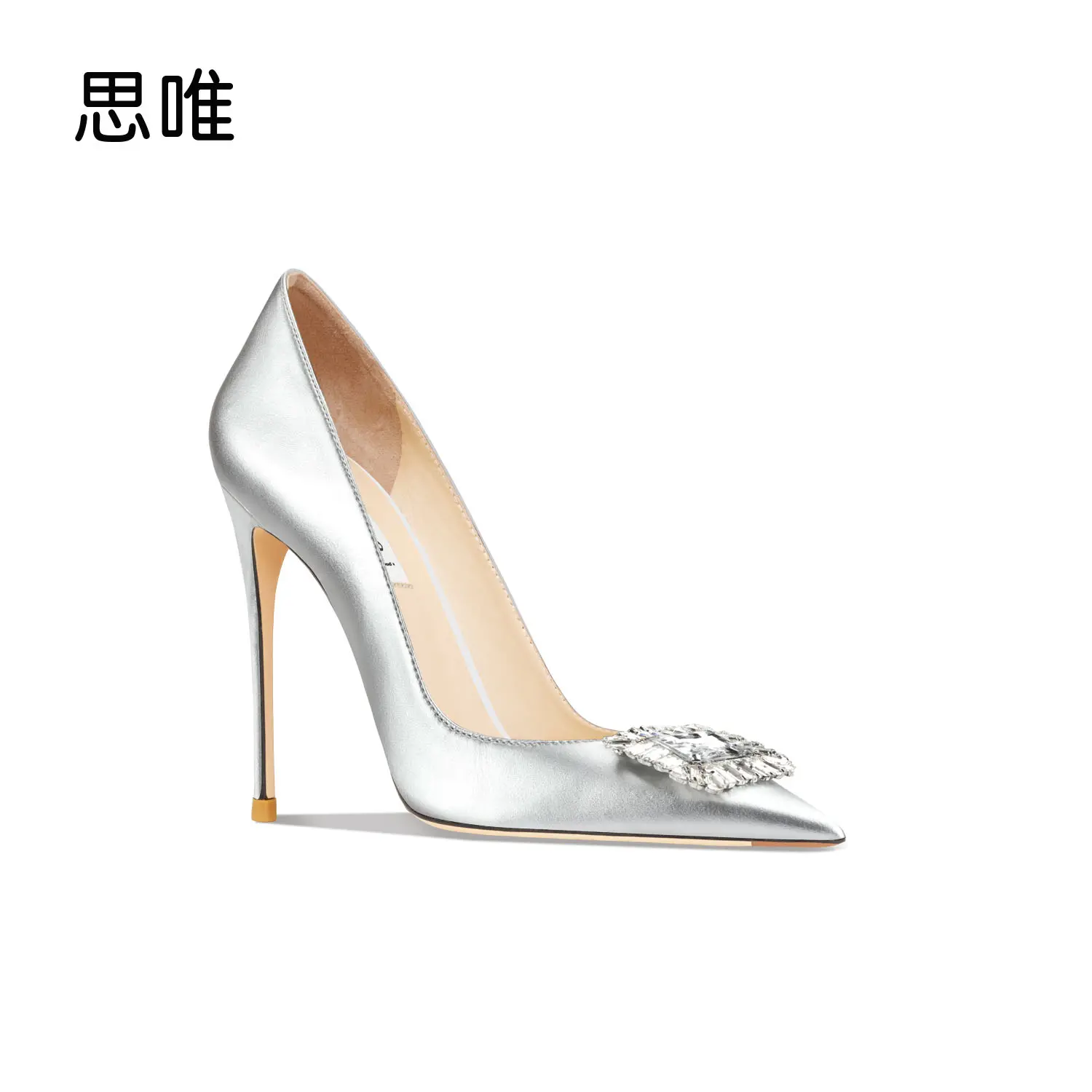 Woman shoes luxury women's shoes Women Heels Silvery Pumps Leather Rhinestone Crystal High Heels Pointed Toe Stiletto Party Shoe