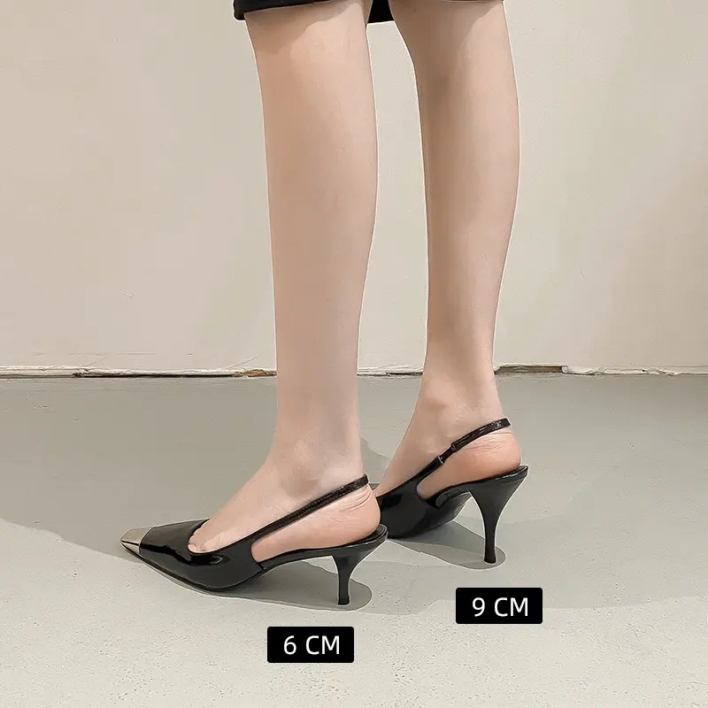 luxury women's shoes Women's Sandals With Heels Summer 2024 Leather Fashion Luxury Brand Pumps Metal Square Head High Heels Blac