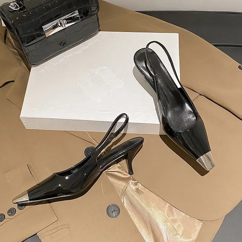 luxury women's shoes Women's Sandals With Heels Summer 2024 Leather Fashion Luxury Brand Pumps Metal Square Head High Heels Blac