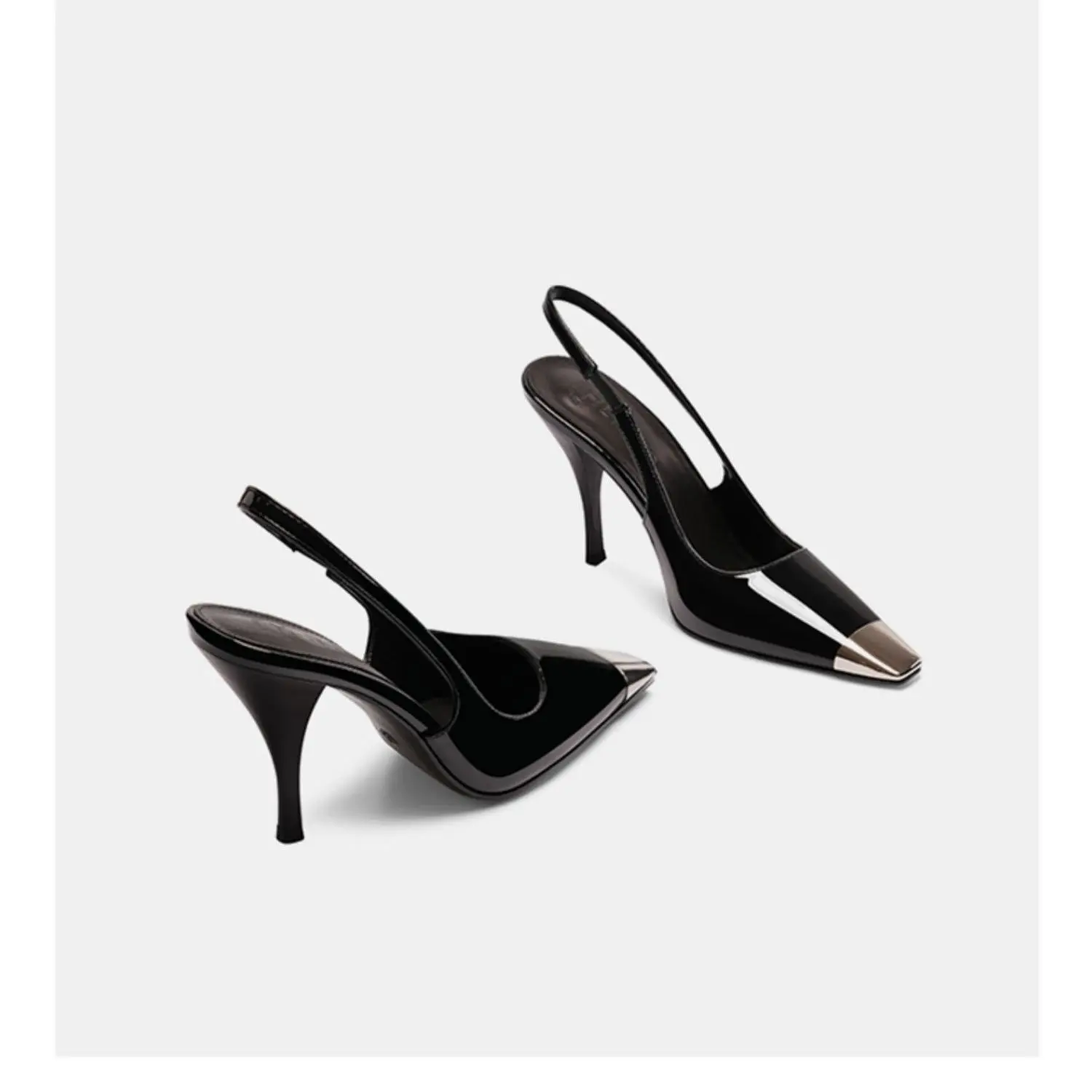 luxury women's shoes 2024 New Summer Black Leather Women Slippers Sandals Metal Decoration Shallow Square head High Heel Pumps C