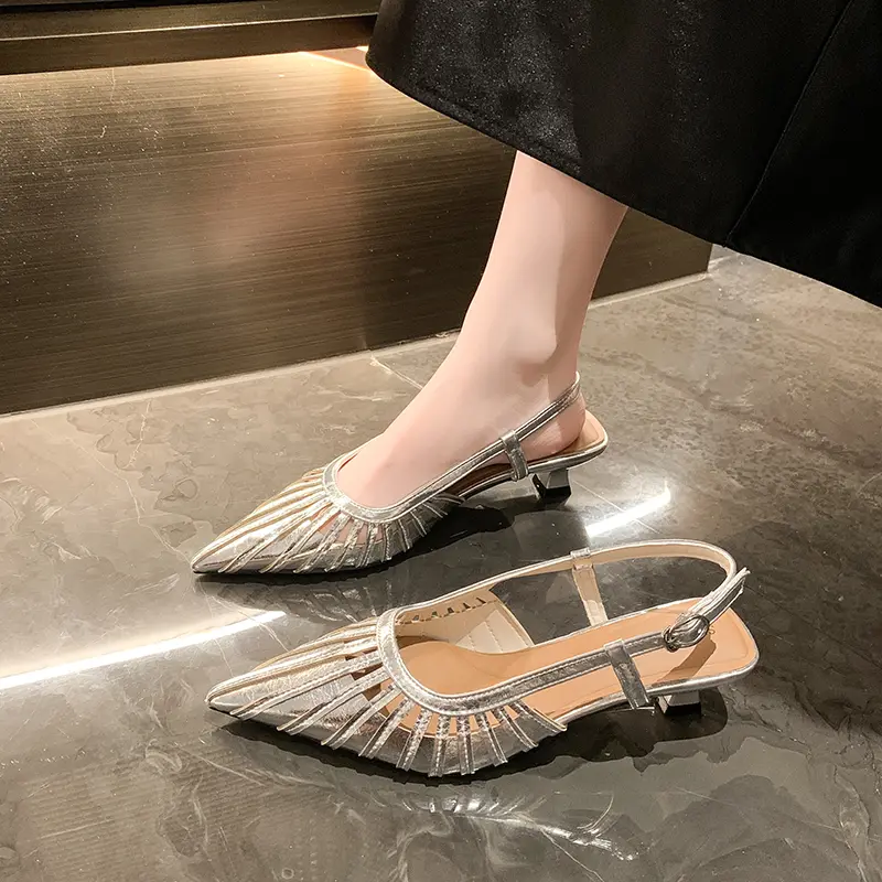 Low Heel Pointed Toe Hollow-out Sandals Women's Summer New Baotou Shallow Mouth One-word Belt Outside Wear Stiletto Shoes