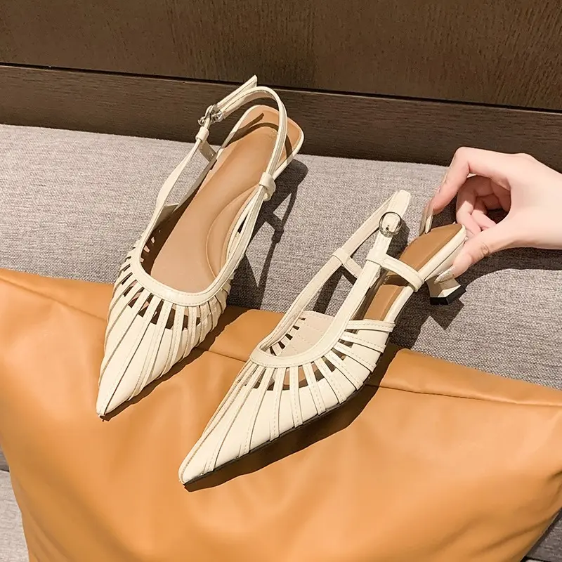 Low Heel Pointed Toe Hollow-out Sandals Women's Summer New Baotou Shallow Mouth One-word Belt Outside Wear Stiletto Shoes