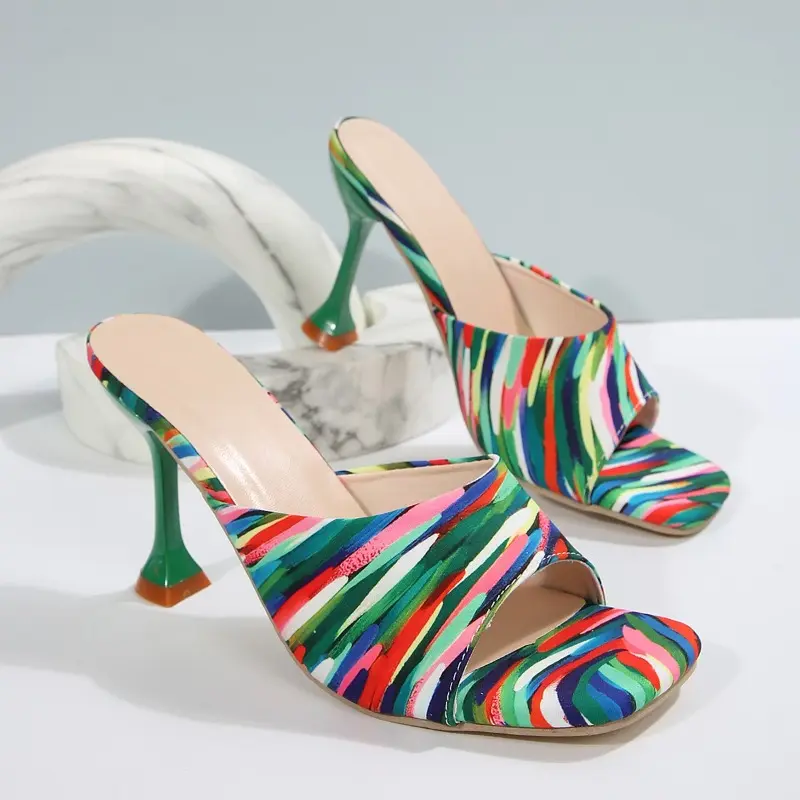 Plus Size Women's High Heels Summer New Fashion Square Toe Open Toe Color Block Pattern Pull-in Foot Non-Slip Stiletto Heels