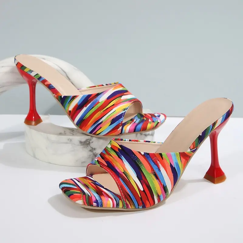 Plus Size Women's High Heels Summer New Fashion Square Toe Open Toe Color Block Pattern Pull-in Foot Non-Slip Stiletto Heels