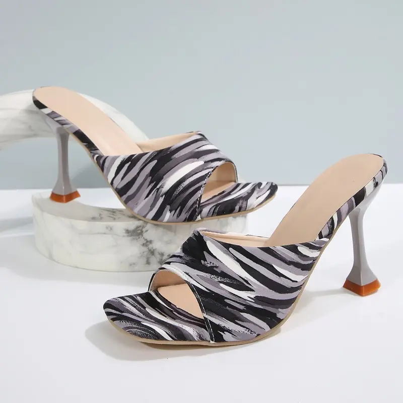 Plus Size Women's High Heels Summer New Fashion Square Toe Open Toe Color Block Pattern Pull-in Foot Non-Slip Stiletto Heels