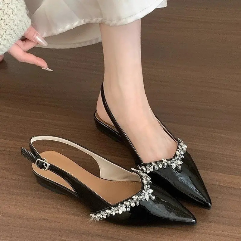 Patent Leather Pointed Toe Rhinestone Baotou Sandals Women's New Soft Sole Shallow Mouth Back Empty Single Shoes