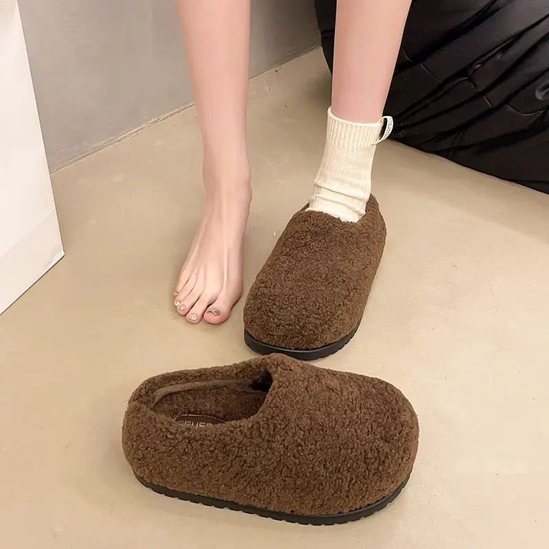 Winter New Baotou Slippers Women's Round Head Deep Mouth Leopard Suede Thick Bottom Anti-slip Wear-resistant Cotton Drag