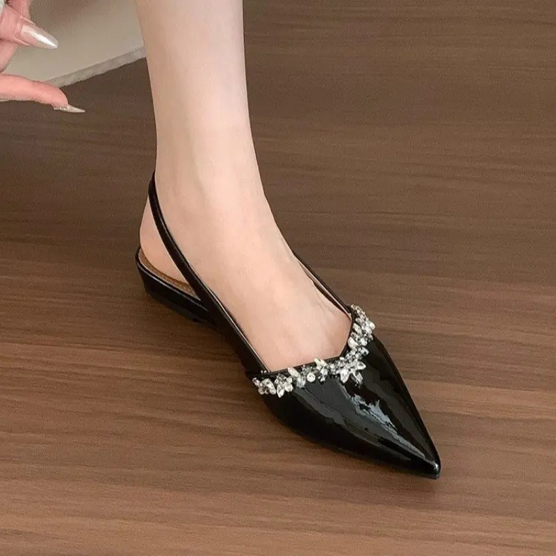 Patent Leather Pointed Toe Rhinestone Baotou Sandals Women's New Soft Sole Shallow Mouth Back Empty Single Shoes