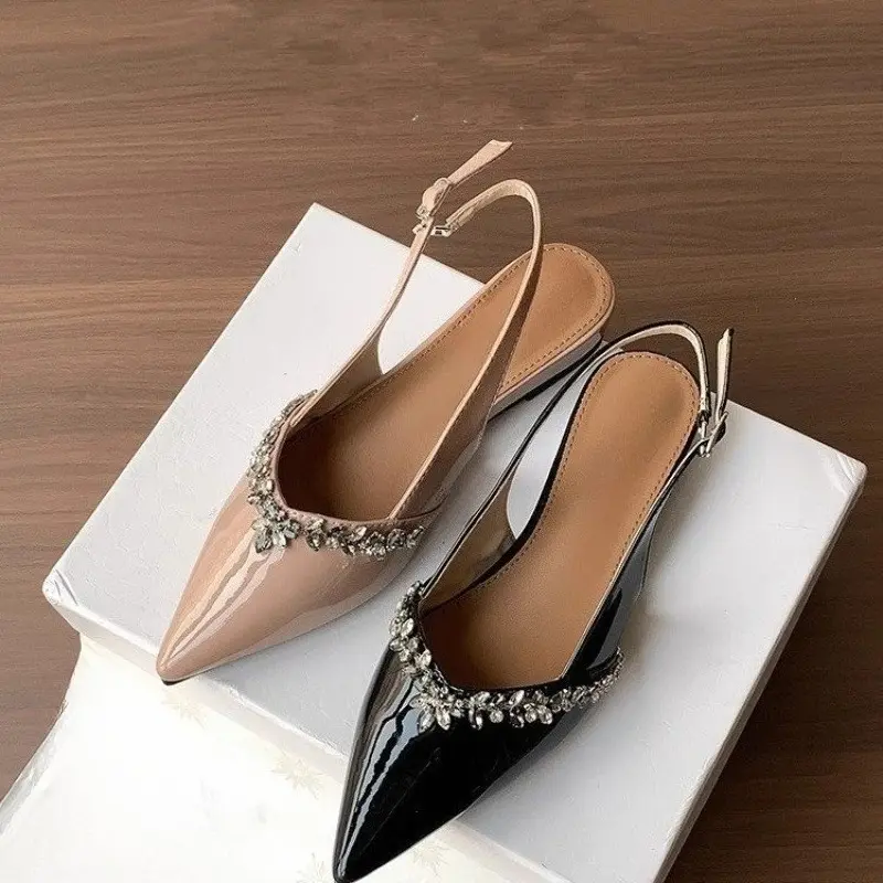 Patent Leather Pointed Toe Rhinestone Baotou Sandals Women's New Soft Sole Shallow Mouth Back Empty Single Shoes