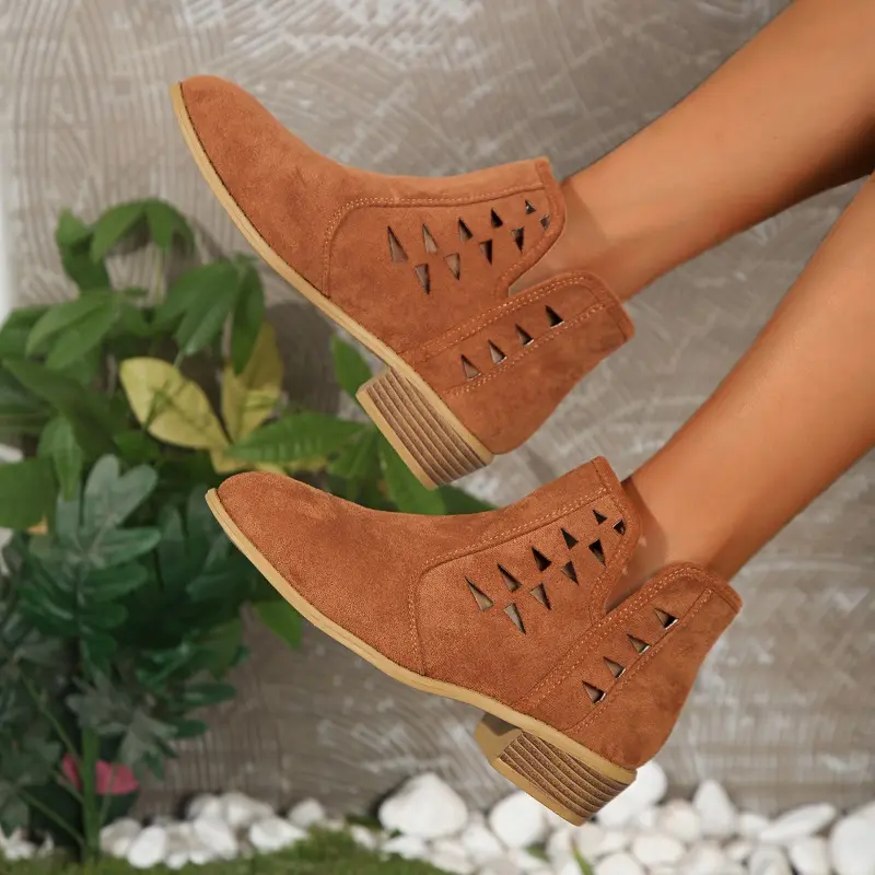 Women's Fashion Chunky Single Boots Autumn New Round Head Suede Hollow Breathable Non-slip Short Boots