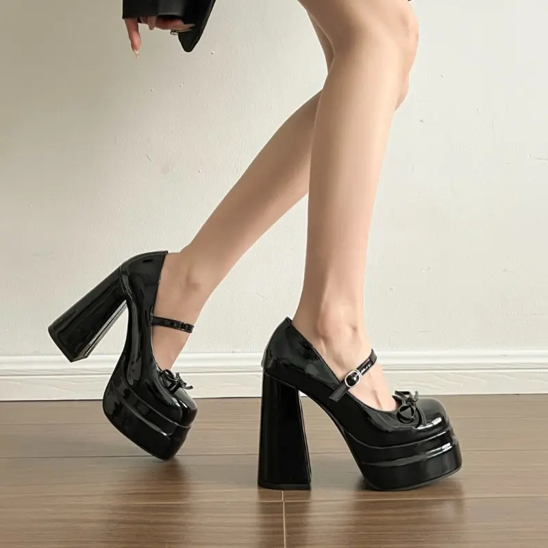 Super High Heel Mary Jane Shoes Women's Retro Round Toe Shallow Mouth Bow Platform One Strap Block Heel Single Shoes