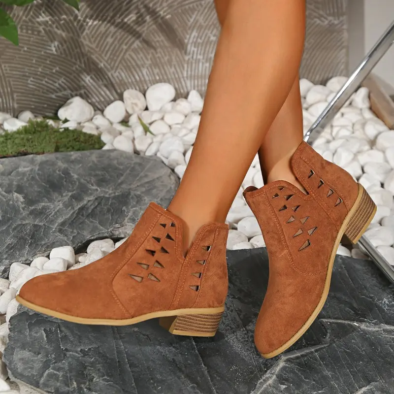Women's Fashion Chunky Single Boots Autumn New Round Head Suede Hollow Breathable Non-slip Short Boots