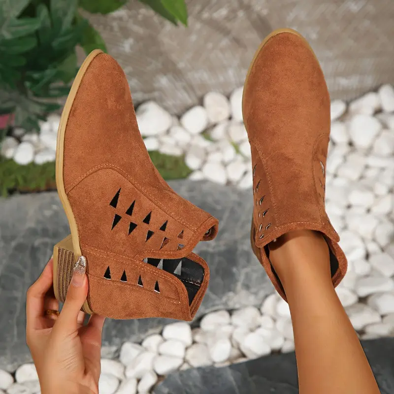 Women's Fashion Chunky Single Boots Autumn New Round Head Suede Hollow Breathable Non-slip Short Boots