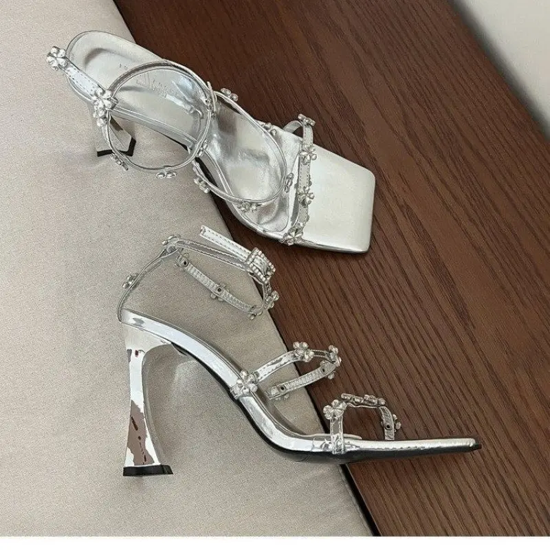 Women's Fashion Stiletto Sandals Summer New Square Head Open-toe Rhinestone Flowers with Fine Ribbon High Heels